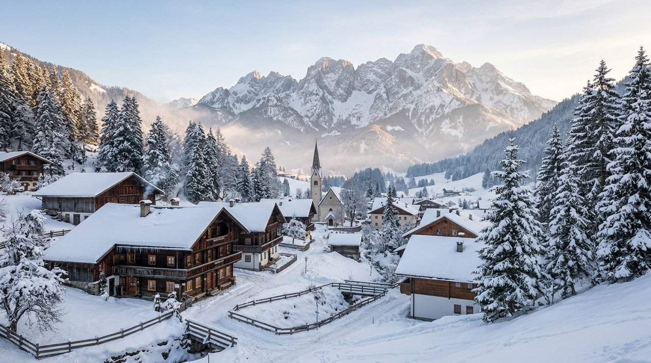 طقس النمسا في الصيف والشتاء: أفضل الأوقات للسفر وأجمل الأماكن السياحية Austrian Alps Village In Winter 20261021190803