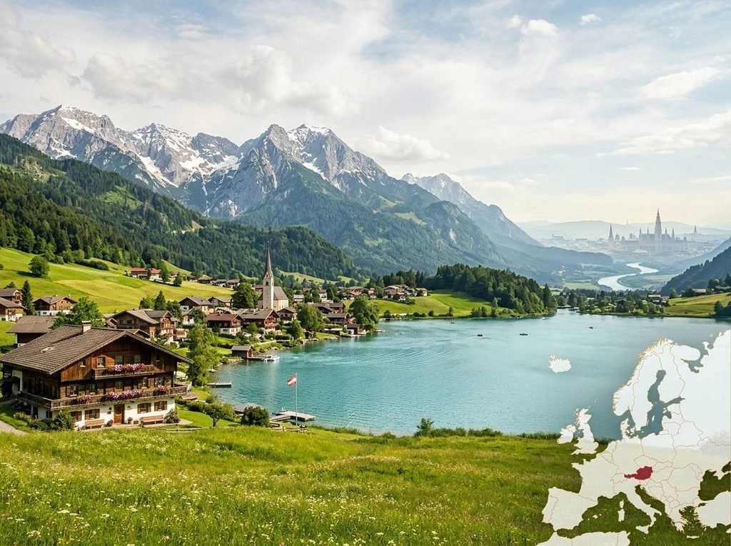 أين تقع النمسا؟ الموقع الجغرافي والحدود والدول المجاورة وأهم المعلومات austrian alps and lake view اين تقع النمسا compress