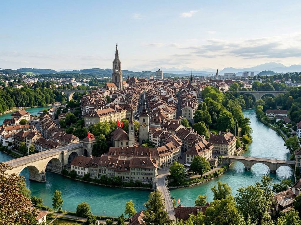 ما هي عاصمة سويسرا؟ دليلك الشامل إلى مدينة برن وأبرز معالمها وميزاتها bern cityscape with river عاصمة سويسرا compress