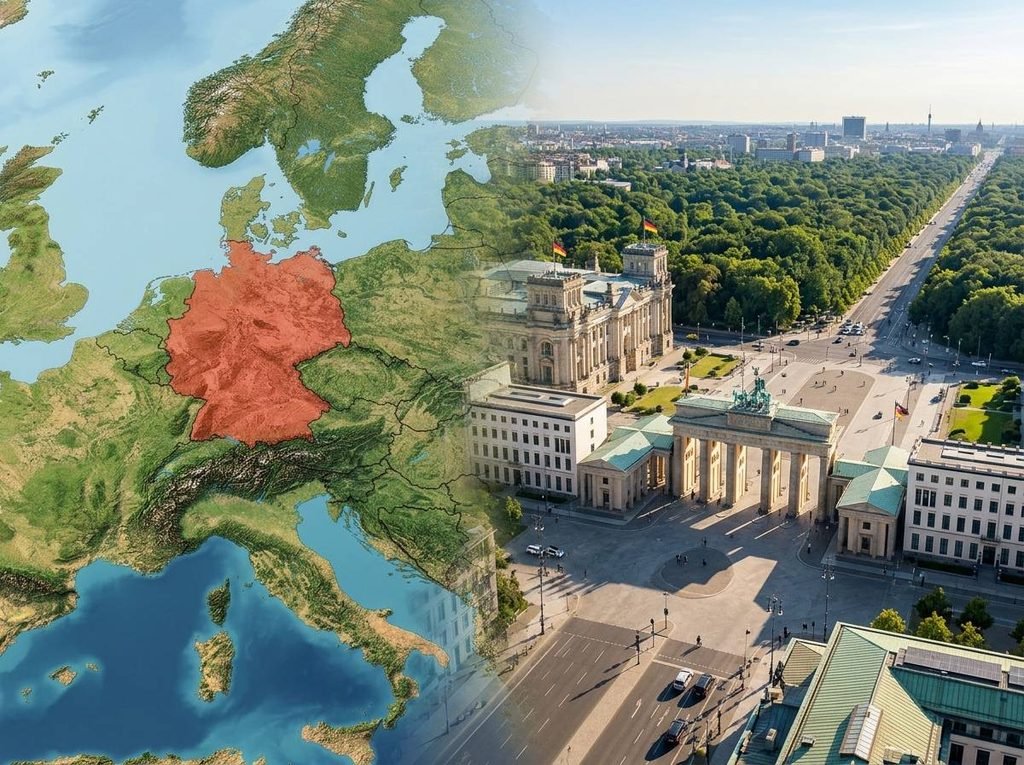 في أي قارة تقع ألمانيا؟ الموقع الجغرافي والحدود والدول المجاورة وأهم المعلومات brandenburg gate aerial view eur… اين تقع المانيا compress