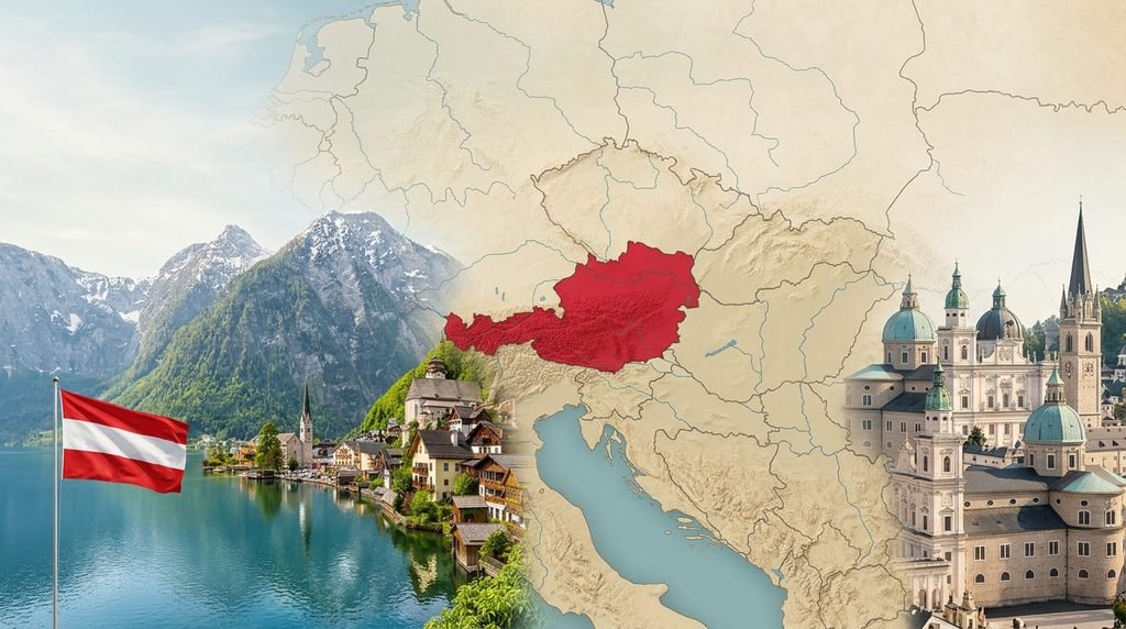 أين تقع النمسا؟ موقعها الجغرافي والدول المجاورة وألوان العلم النمساوي map of austria with scenery اين تقع النمسا . مالون علم النمسا (1)