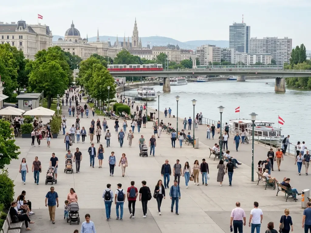 people walking in vienna square عدد سكان  النمسا co